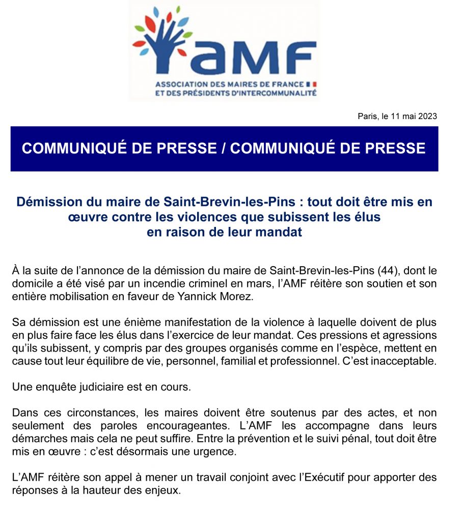 CP AMF _ Démission du Maire de Saint-Brevin-les-Pins tout doit être mis en œuvre contre les violences que subissent les élus en raison de leur mandat_11052023